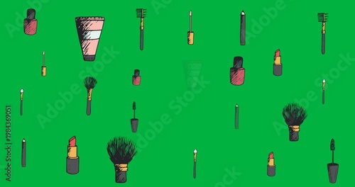 Digital animation of multiple makeup equipment icons against black background