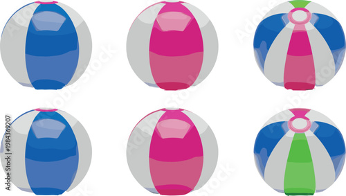 Colorful inflatable beach ball illustrations set with glossy summer pool toys vibrant striped designs for vacation and leisure themes