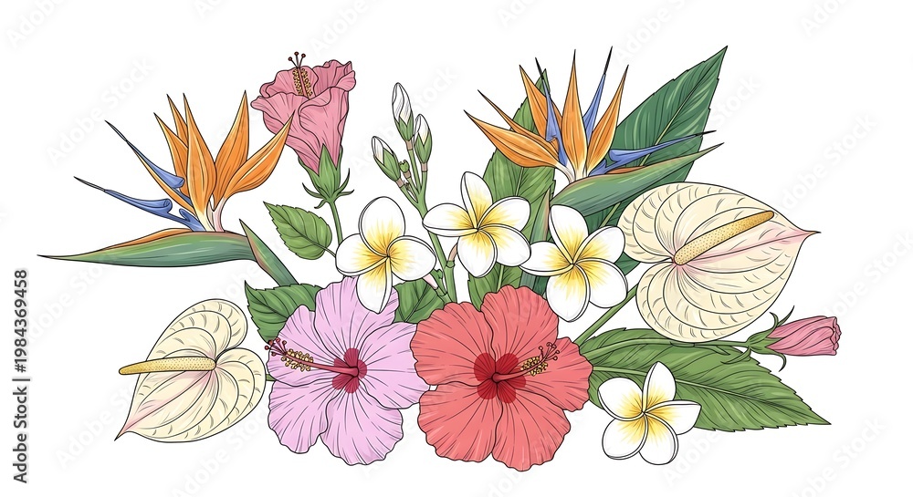 Fototapeta premium Colorful bouquet of various tropical flowers including hibiscus, plumeria, and bird of paradise isolated on white background