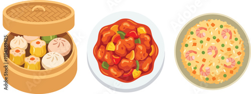 Cute Asian food collection, perfect for a vibrant menu or advertising; steamed dumplings, sweet and sour, and savory fried rice.