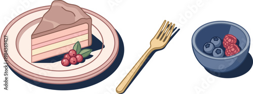 Cute dessert array for a sweet menu advertising, featuring a delicious cake slice, fresh berries, and a fork, invitingly presented.