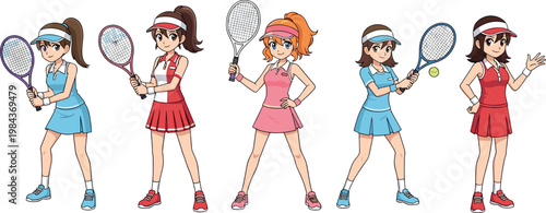 Cartoon Style Tennis Player Characters in Various Outfits with Rackets and Sports Accessories for Sports Design Projects