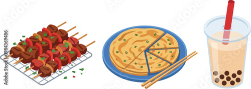 A vibrant and diverse selection of international food and drink items, ideal for a cute advertising menu, presented as a clear isometric illustration.