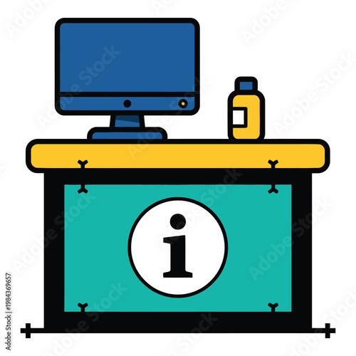 Information desk with computer and bottle on yellow counter top icon