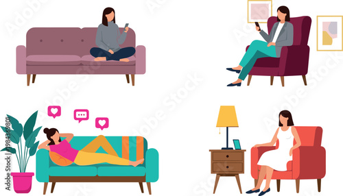 Cartoon Style Women Relaxing on Couches and Using Smartphones with Social Media Notifications for Home and Lifestyle Designs