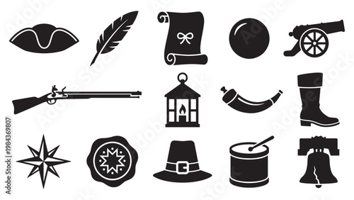 Colonial American Revolution Silhouette Icon Set for Historical Independence and Patriotic Theme Design