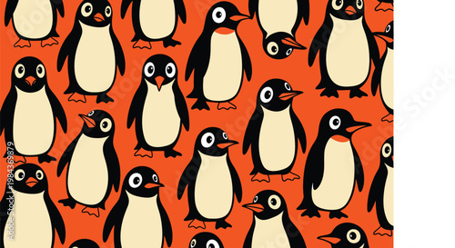 Vector penguin pattern, cartoon penguins, orange background, black and white animals, seamless design