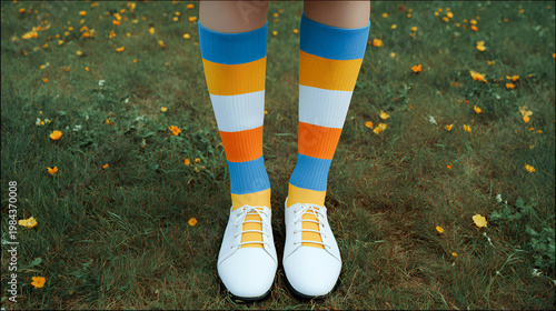 Colorful striped socks in vibrant hues of blue, orange, and white are worn with stylish white shoes, standing on a grassy field adorned with yellow flowers, showcasing playful fashion