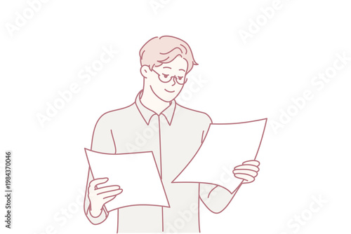 Concentrated man holding two sheets of paper in hands reading report for company management. Successful guy office worker in white shirt is standing studying documentation. Flat vector design