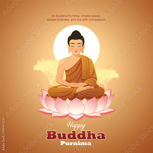 Happy Buddha Purnima Greeting Poster with Lord Buddha, Vesak Festival Spiritual Peace Background