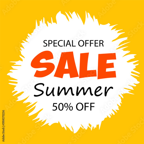 Summer sale announcement featuring special offer with 50 percent discount in bold text and vibrant design