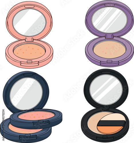 Compact powder cosmetics collection with open makeup cases foundation and face powder beauty products vector illustration set