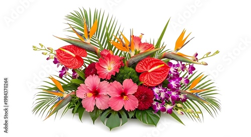 Vibrant tropical flower arrangement with pink hibiscus, red anthurium, and purple orchids on isolated white background for decoration