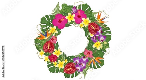 Vibrant tropical floral wreath with colorful flowers and lush green leaves isolated on white background for decoration and design