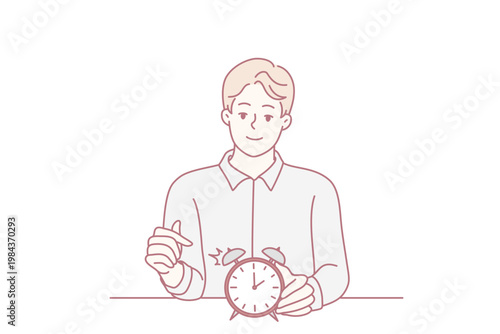 Smiling man points finger at alarm clock to remind of beginning or end of lunch break. Concept time management and control over optimal use of working period. Flat vector illustration