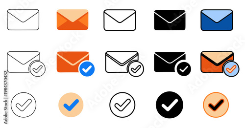 Email Message Check Icon Set, Editable Stroke and Expand Stroke, Inbox Approval and Notification Vector Icons