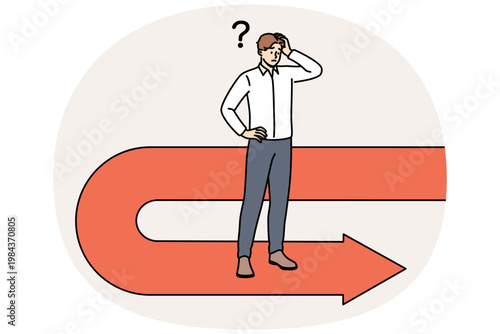 Frustrated businessman has fallen victim to crisis and is forced to move backwards to avoid bankruptcy, scratching head. Sad manager stands on red arrow back symbolizing recession and crisis