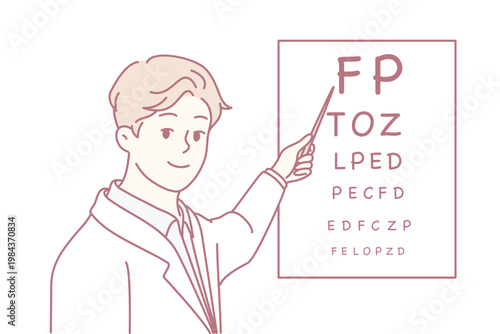 Man doctor holds out pointer to poster with letters for checking eyesight of patients. Positive ophthalmologist in white coat works in clinic helping to treat eye diseases. Flat vector illustration