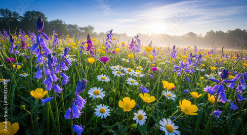 A serene field of colorful wildflowers swaying gently in the breeze under a bright blue sky with the warm sunlight shining through.