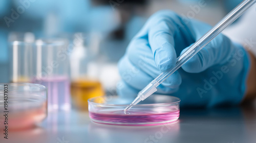 Macro overhead of gloved hands holding a pipette above a petri dish beside vial samples on a spotless bench, defocused pathology lab in the background, vaccine research, sample analysis,