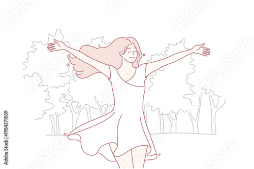 Happy woman runs through park in white flowing dress and enjoys warm summer weather. Young beautiful lady with long hair rejoices in walk and hot spring day. Flat vector illustration