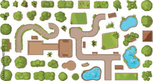 Landscape design elements vector set, top view park map constructor with trees and ponds, garden architecture kit for site planning