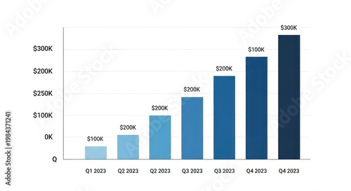 Rising bar chart visually representing increasing financial growth and revenue across multiple fiscal quarters with a white background emphasizing positive business performance
