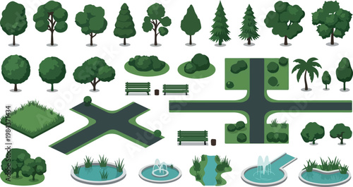 Flat park landscape elements set, green trees and bushes vector icons, garden outdoor furniture and fountain collection for map design