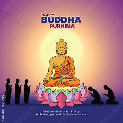 Happy Buddha Purnima Greeting Poster with Lord Buddha, Vesak Festival Spiritual Peace Background