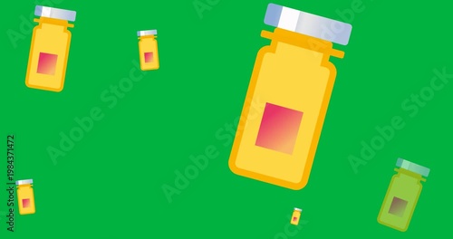 Digital animation of multiple medical pill container icons against black background