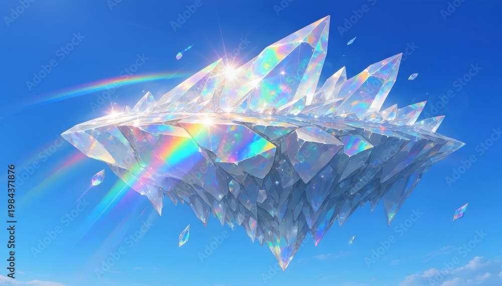 Obraz premium Floating crystalline structures with rainbow refractions against a clear blue sky