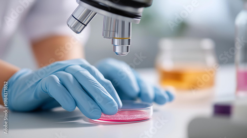 Overhead angle of gloved hands positioning a bacterial culture plate beneath a microscope on a white lab table, defocused laboratory tools in the background, bacteria research, medical