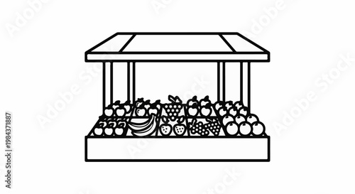 Simple outline drawing of a fruit stand with various fruits
