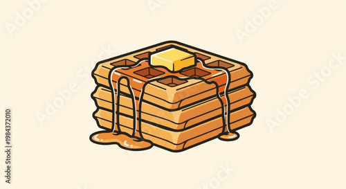 Stacked waffles with melting butter and dripping syrup on a cream background