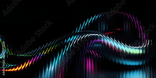 Black dark abstract background. Iridescent liquid fluid glass wave. Prism shape 3D render. Smooth curve transition. Rainbow light flare. Bright glow shimmer. Neon metallic futuristic blur texture 
