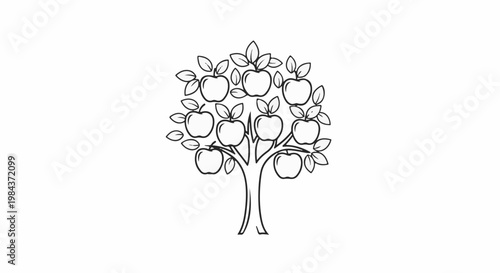 Simple sketch of a deciduous tree with numerous apples and leaves