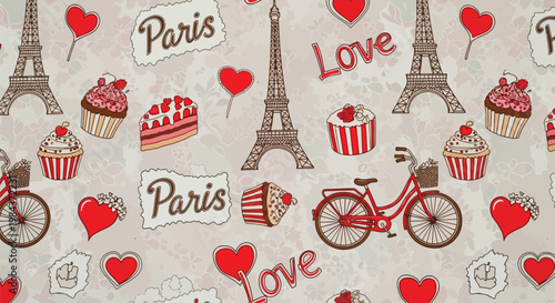 Parisian themed vector pattern, Eiffel Tower, love, cupcakes, bicycles, red hearts, romantic design elements
