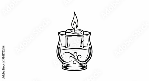 Single lit candle in decorative glass holder with dripping wax