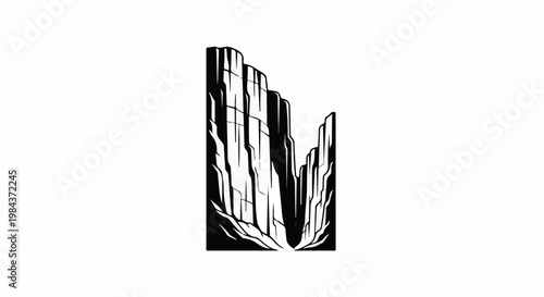 Stark black and white illustration of a narrow canyon with sheer rock walls