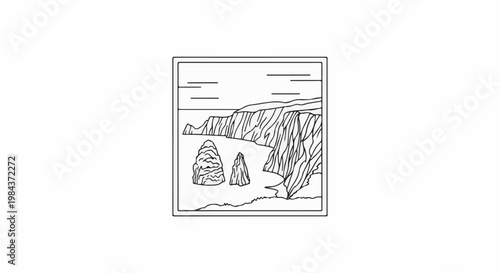 Stark ink sketch of a coastal cliff face with sea stacks