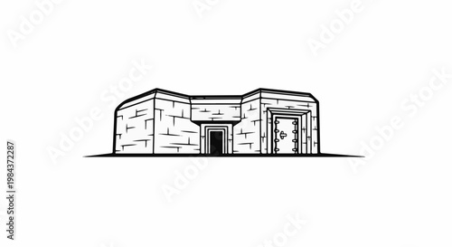 Stark, stone bunker with two imposing, dark entrances, one with a fortified door
