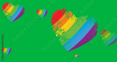 Digital animation of multiple rainbow heart icons against black background