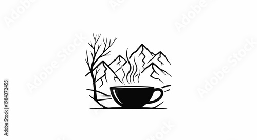 Steaming coffee cup with mountainous backdrop and bare tree