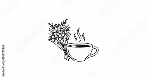 Steaming cup of coffee beside a delicate bouquet of flowers