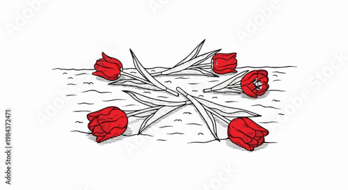 Six red tulips with green stems and leaves lie on a textured ground