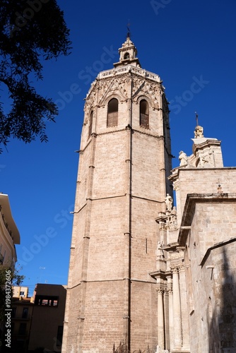 Valencia city architecture in Spain. Valencia Cathedral, gothic style Catholic church. Micalet Tower.