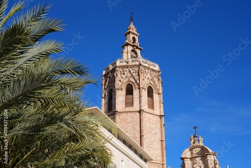 Valencia city architecture in Spain. Valencia Cathedral, gothic style Catholic church. Micalet Tower.