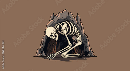 Skeleton hunched in cave opening, pixelated illustration