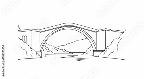 Stone arch bridge spans river between rocky shores under mountains