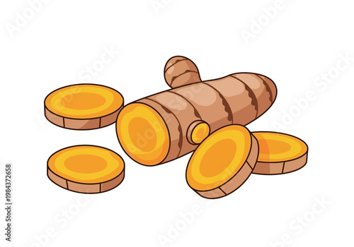 A vibrant illustration of sliced turmeric root on a white background